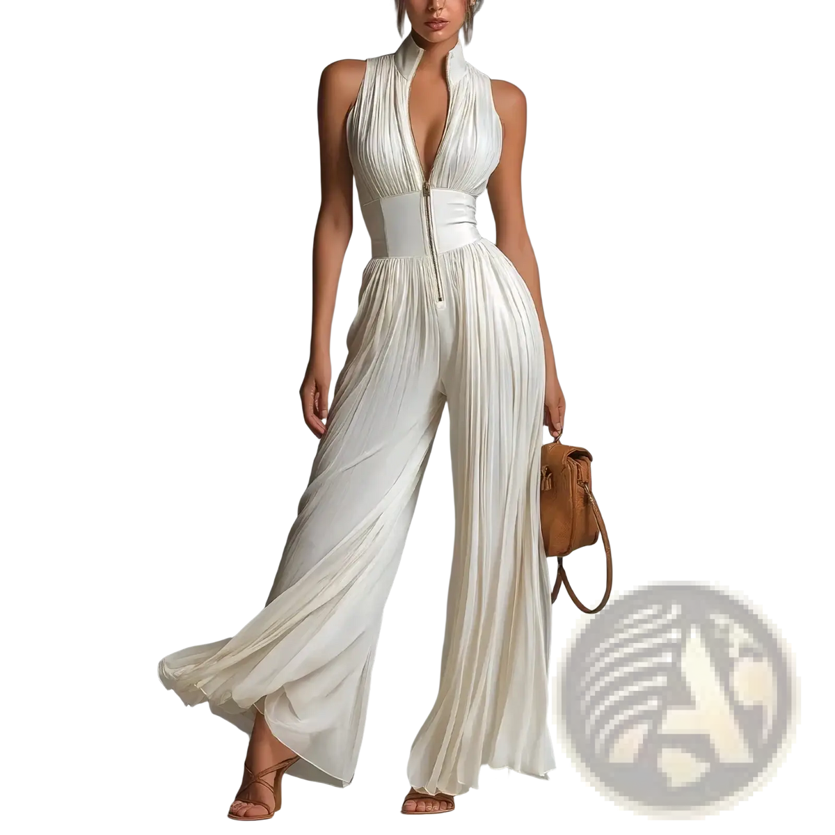 A flowing white pleated chiffon wide leg jumpsuit with a halter neck, high waist, and front zipper closure