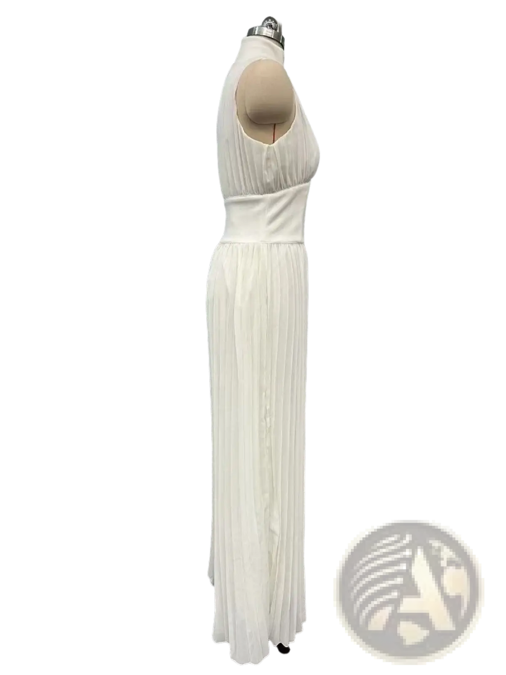 A flowing white pleated chiffon maxi dress with a fitted bodice and sleeveless design for elegant wear