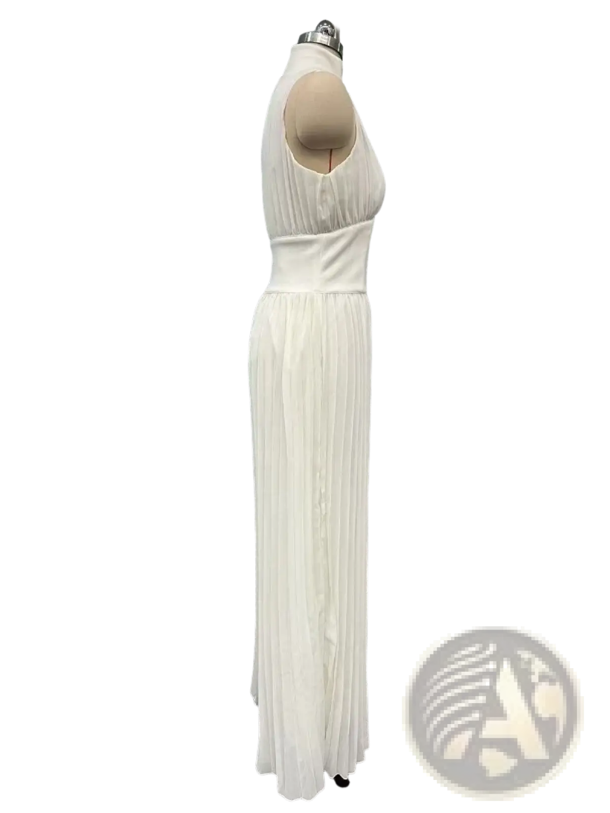 A flowing white pleated chiffon maxi dress with a fitted bodice and sleeveless design for elegant wear