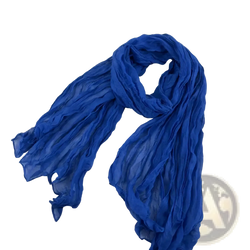 Pleated cotton linen scarf in deep blue chiffon with soft crinkled texture and gentle flowing folds