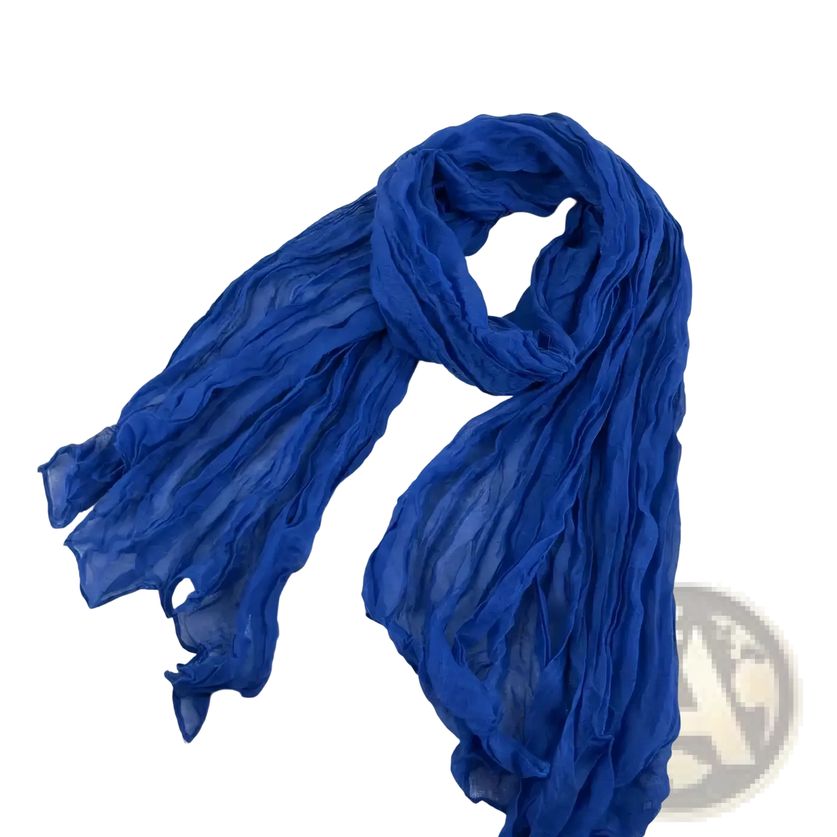 Pleated cotton linen scarf in deep blue chiffon with soft crinkled texture and gentle flowing folds