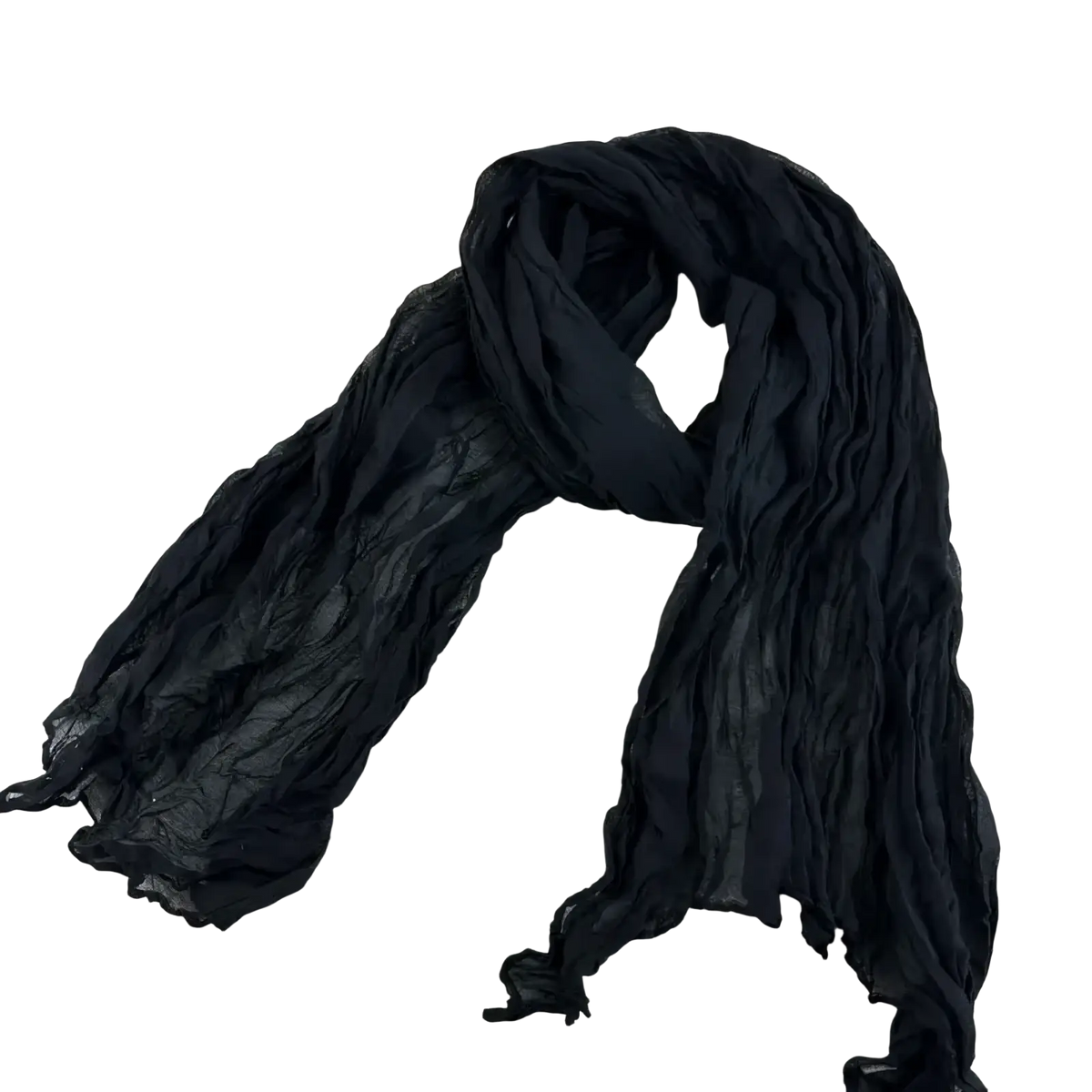 Pleated cotton linen scarf in black with crinkled chiffon texture and frayed edges for elegant styling