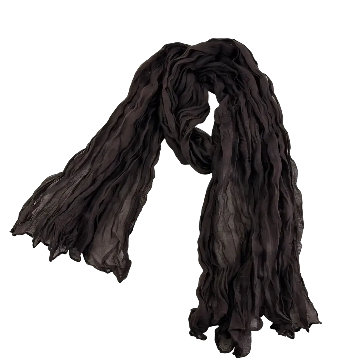 Pleated cotton linen scarf in deep coffee color with flowing chiffon fabric soft crinkled texture and frayed edges