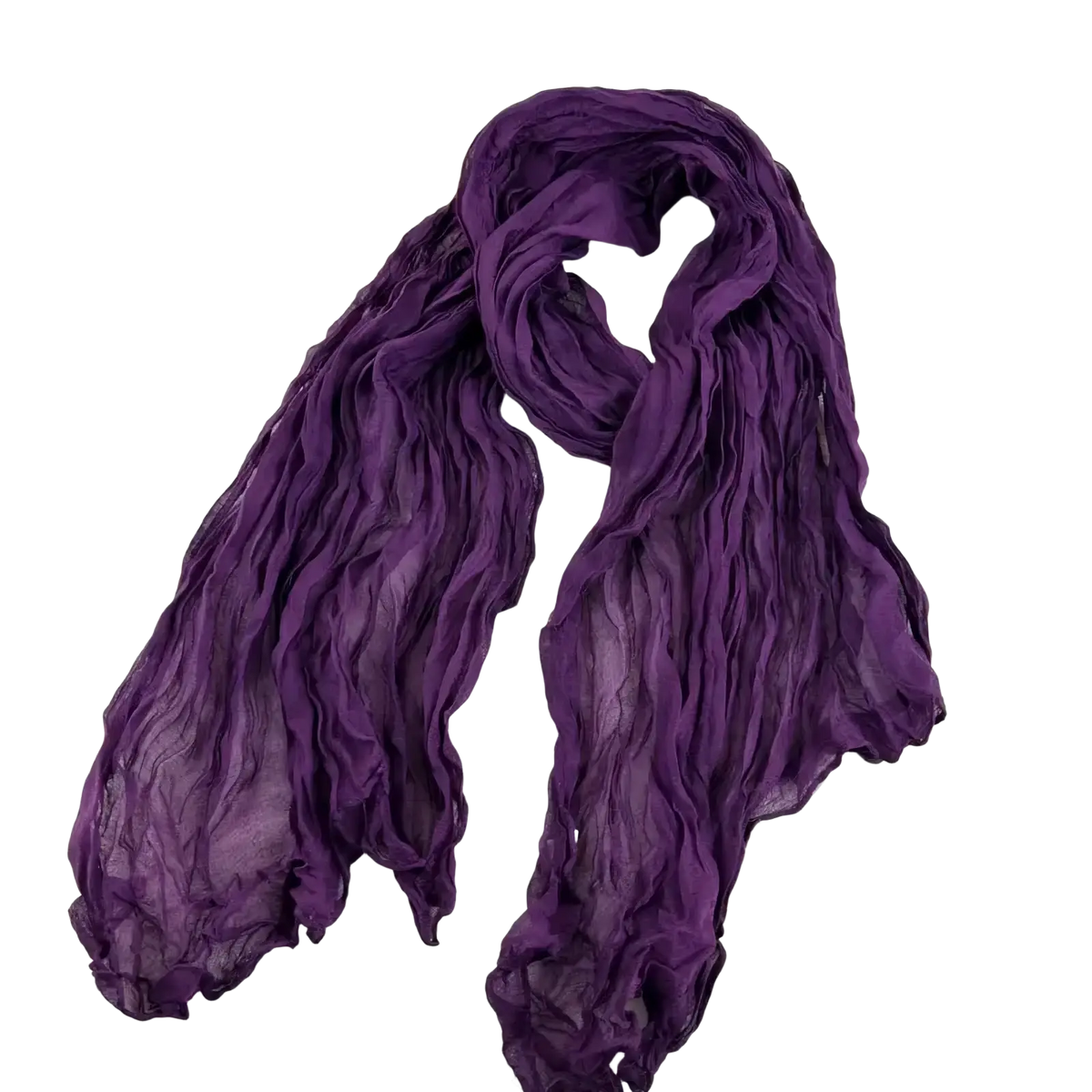 A deep purple pleated cotton linen scarf with crinkled chiffon texture and soft flowing fabric