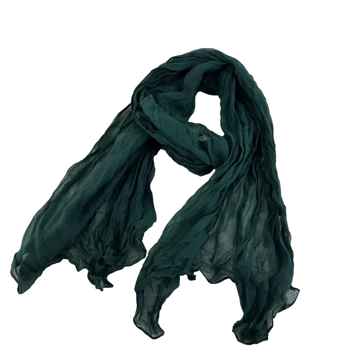 Pleated cotton linen scarf in dark green chiffon with a delicate texture and soft flowing drape