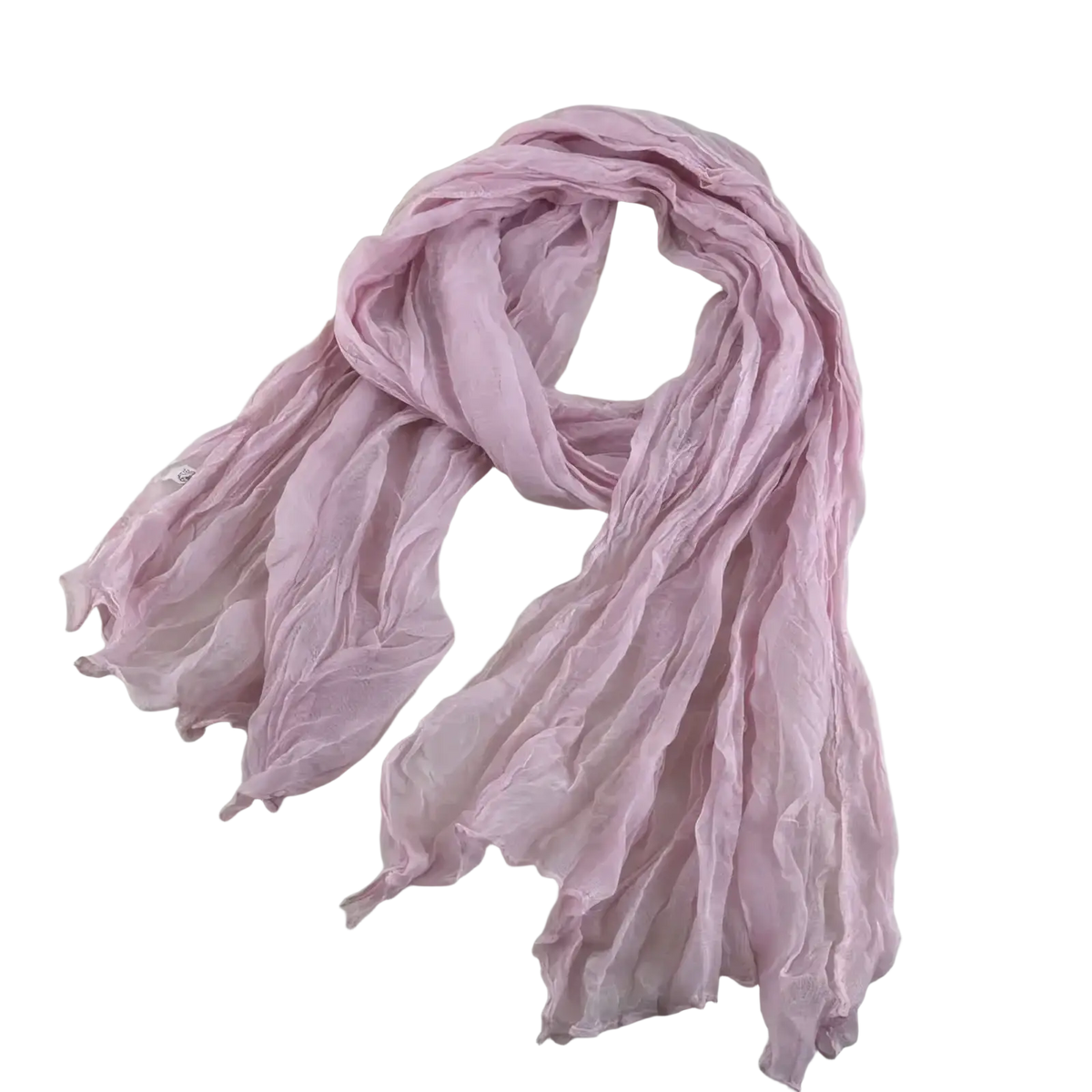 Pleated cotton linen scarf in light pink with a delicate crinkled texture and frayed edges for stylish wear