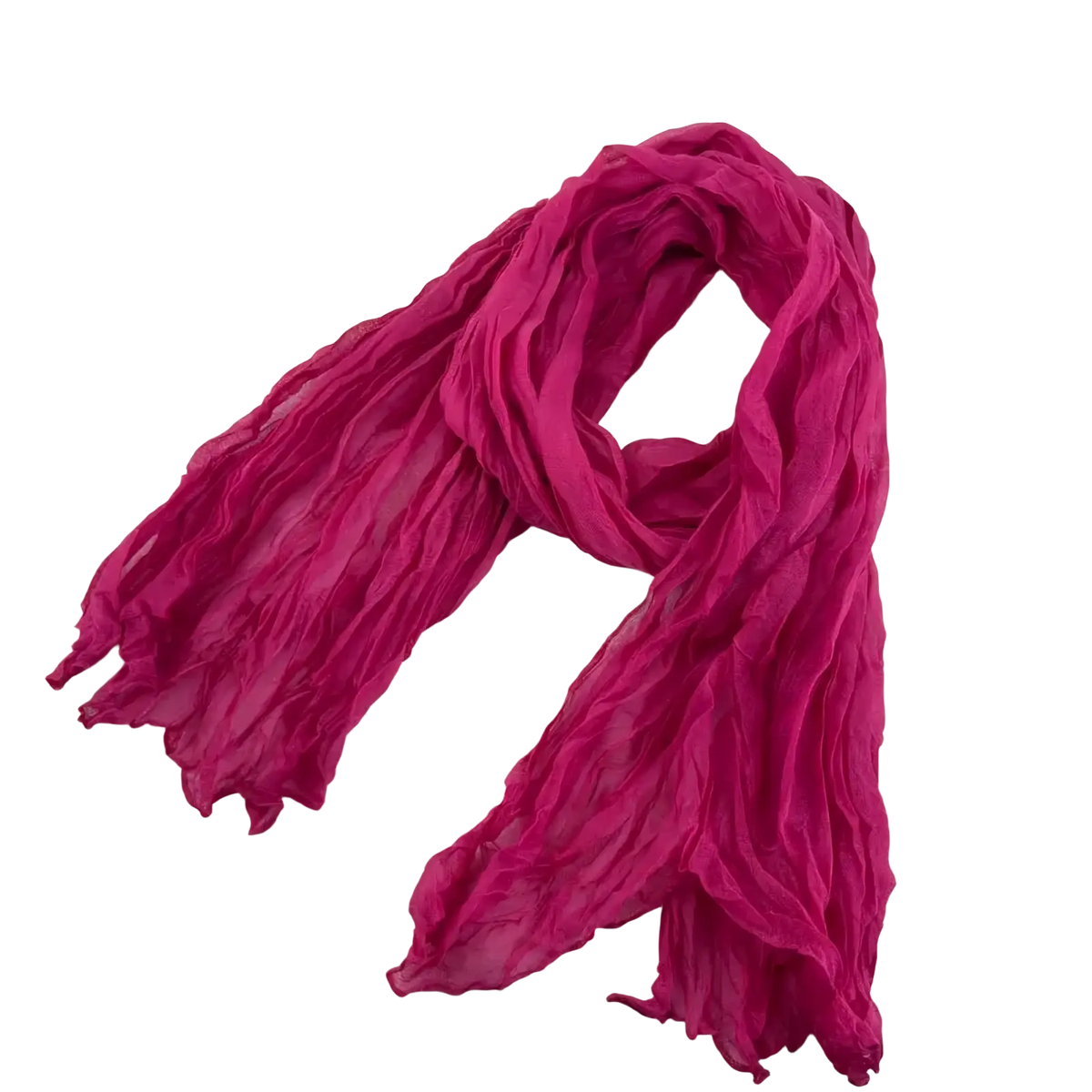 A flowing fuchsia pleated cotton linen scarf with a lightweight slightly crinkled texture