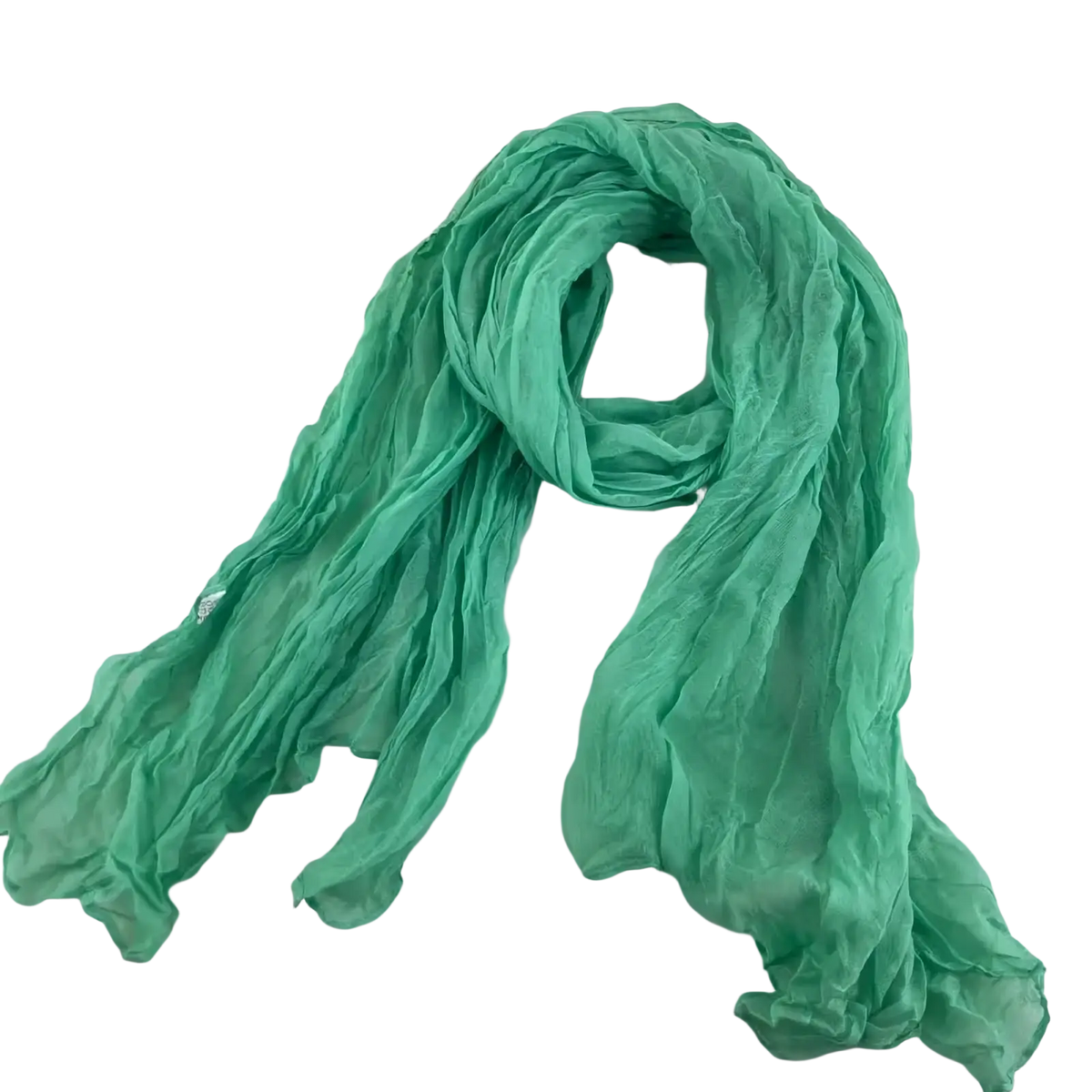 A lightweight bright green pleated cotton linen scarf with soft flowing chiffon texture and subtle ruching