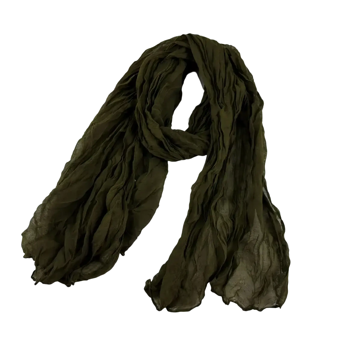 Pleated cotton linen scarf in olive green chiffon with a lightweight, soft flowing drape and subtle ruching