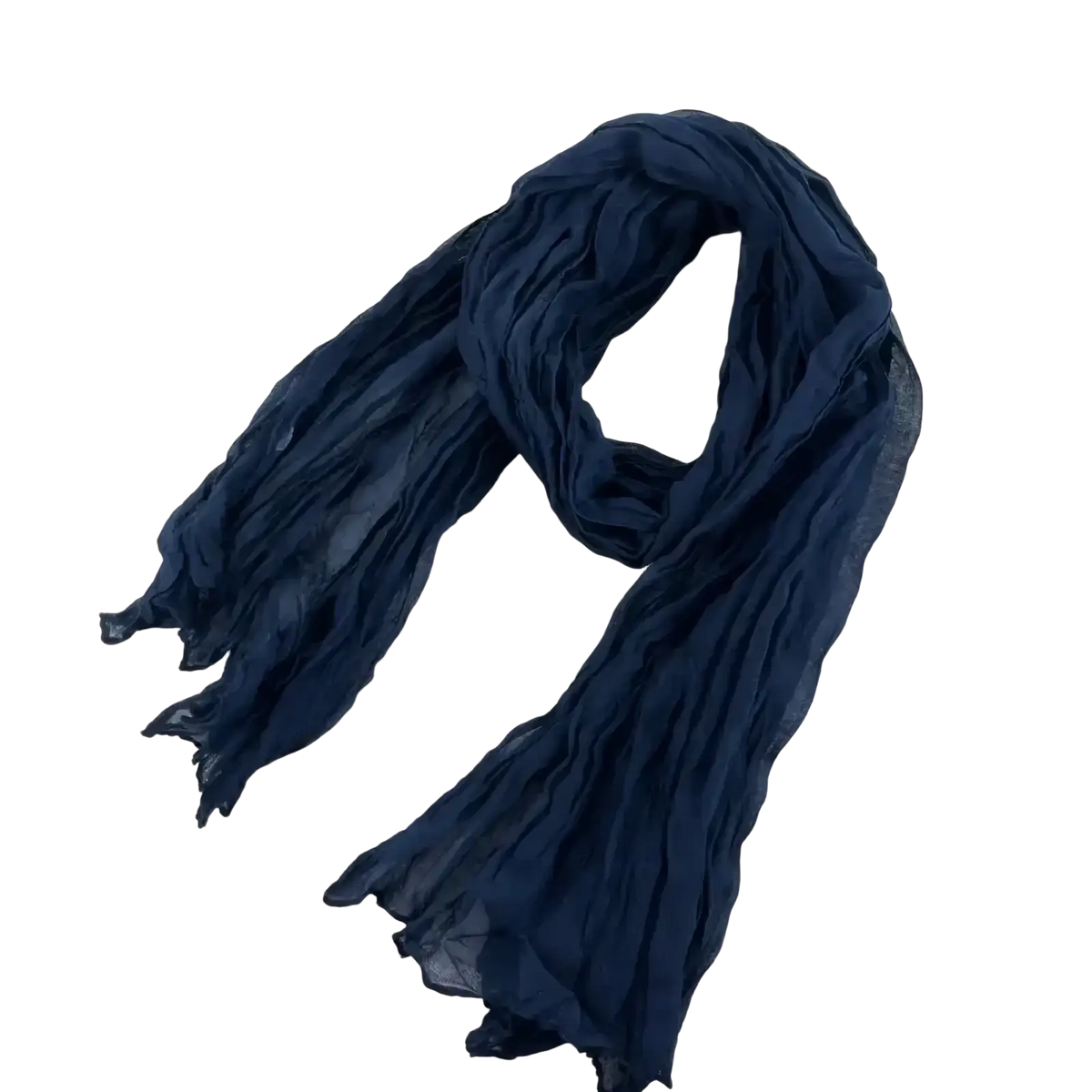 A navy blue pleated cotton linen scarf with softly draped textured crinkled fabric for elegant wear