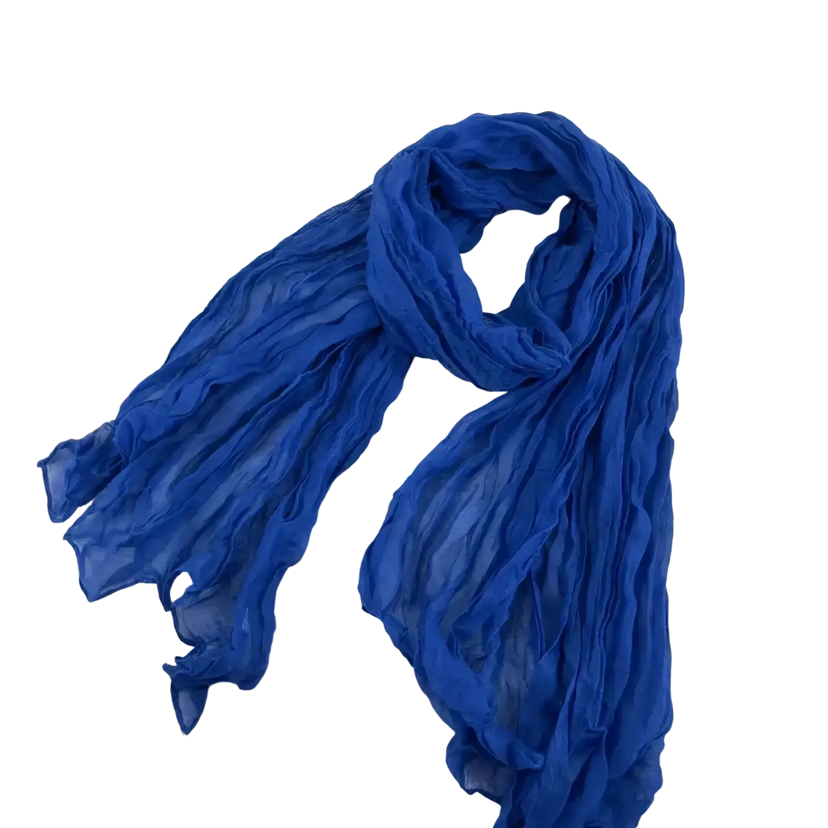 Pleated cotton linen scarf in royal blue with flowing chiffon texture and soft gathered folds for elegant wear