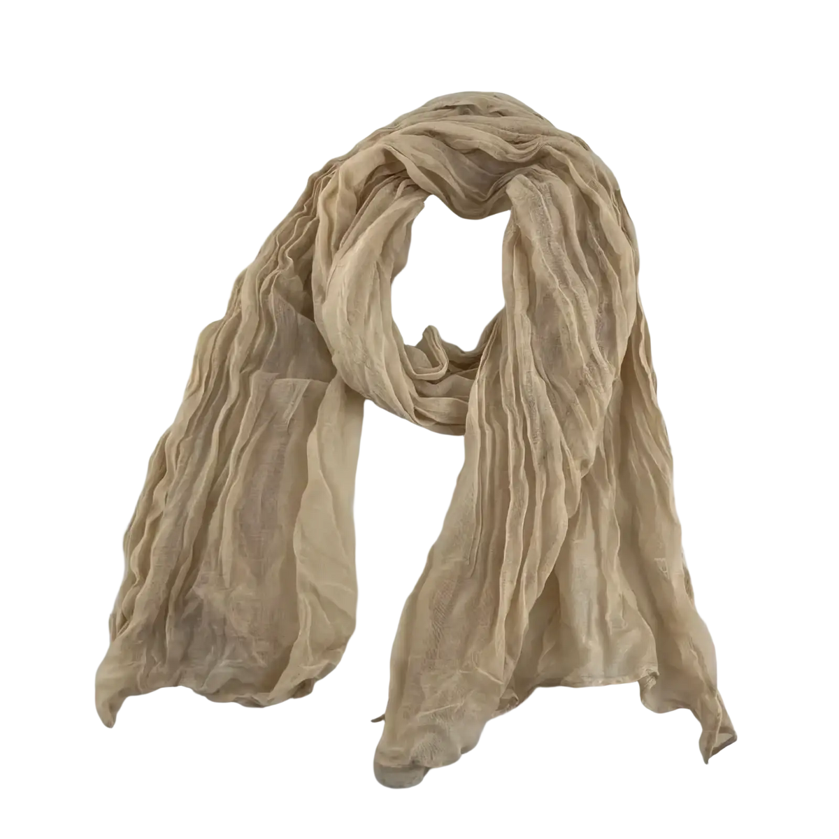 A soft beige pleated cotton linen scarf with a lightweight flowing texture for versatile wear