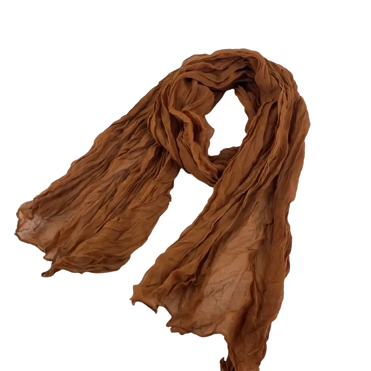 A pleated cotton linen scarf in soft brown with a lightweight, flowing, and crinkled texture