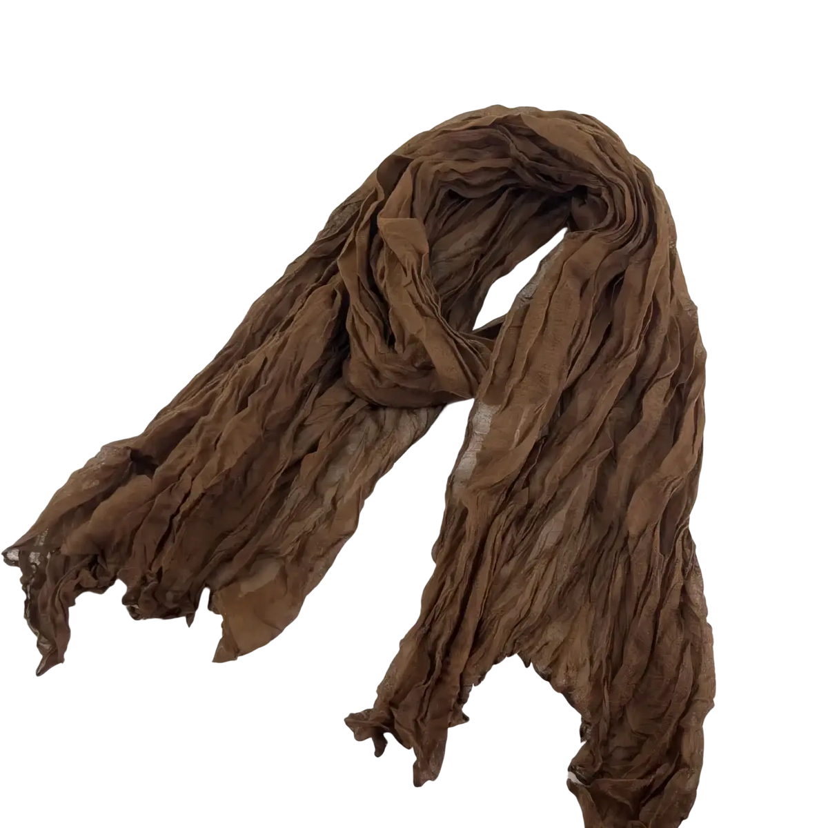 A soft crinkled brown pleated cotton linen scarf with lightweight flowing texture perfect for stylish wear
