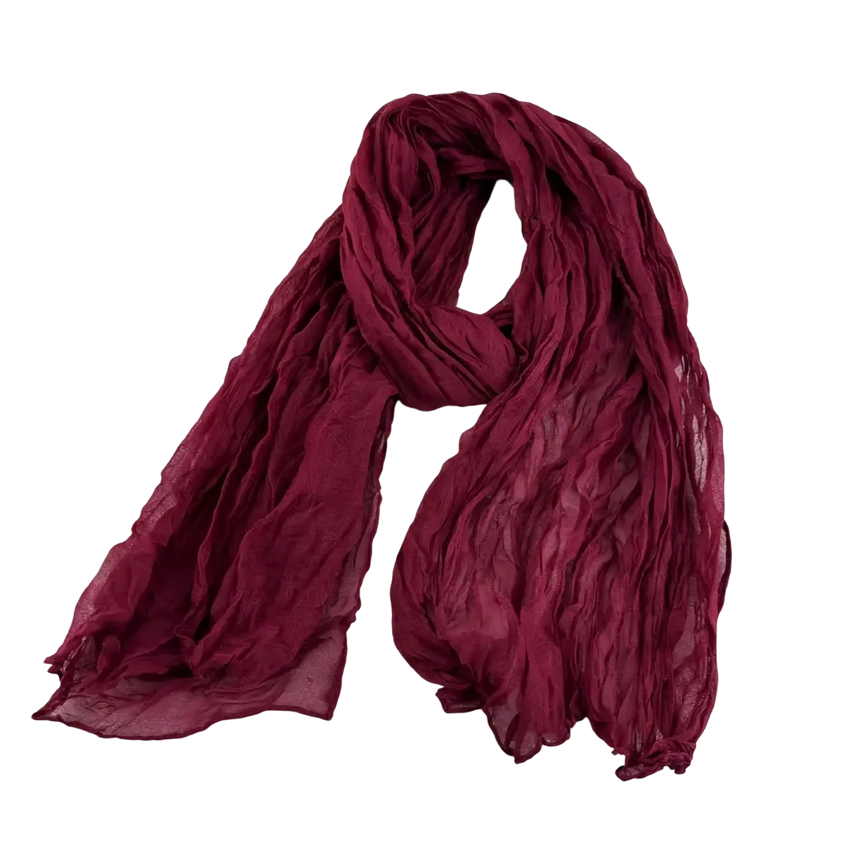 A soft maroon pleated cotton linen scarf with crinkled texture and lightweight sheer fabric for versatile wear