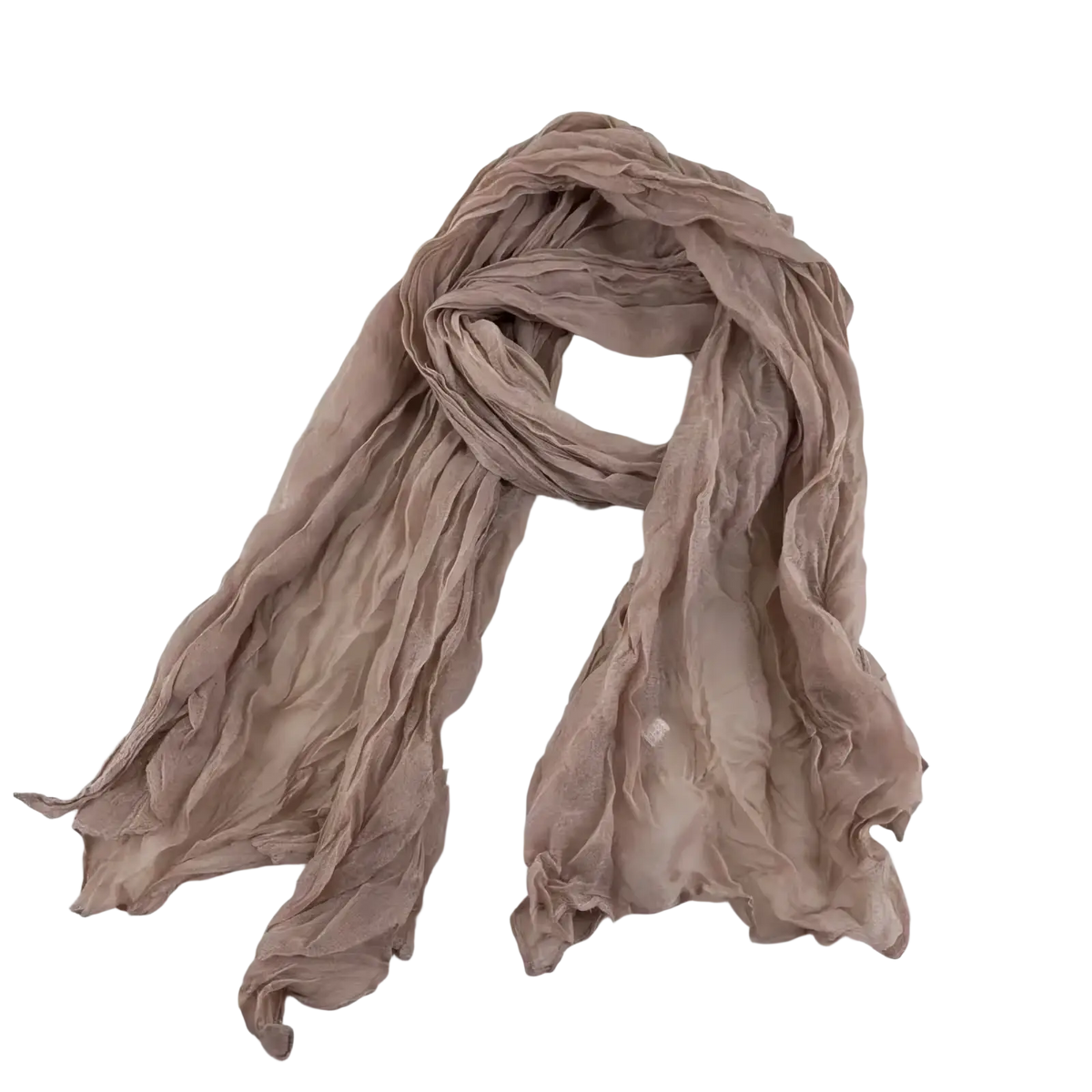 A soft crinkled mauve pleated cotton linen scarf with lightweight flowing fabric for versatile wear