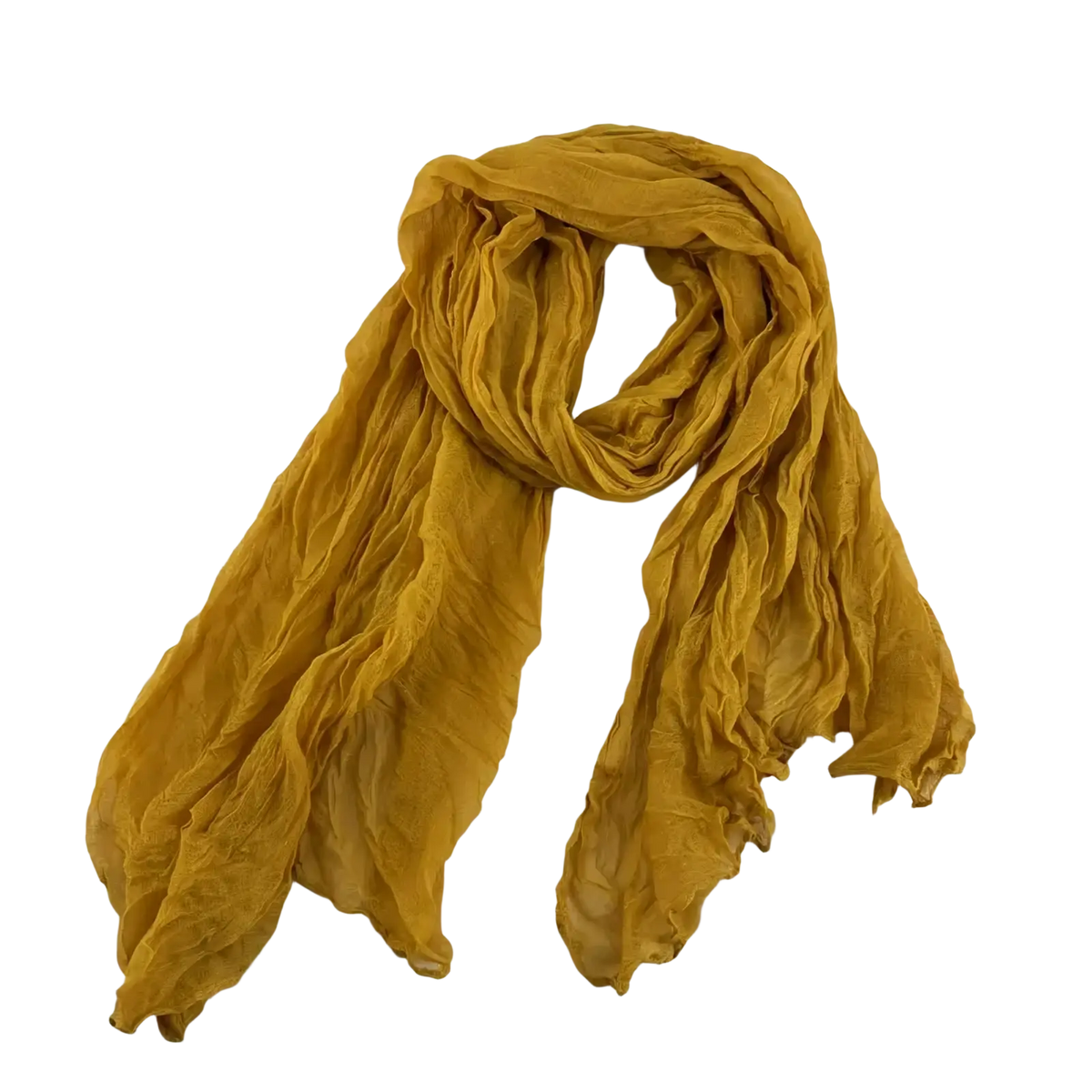 Pleated cotton linen scarf in soft crinkled mustard yellow chiffon with a delicate flowing design