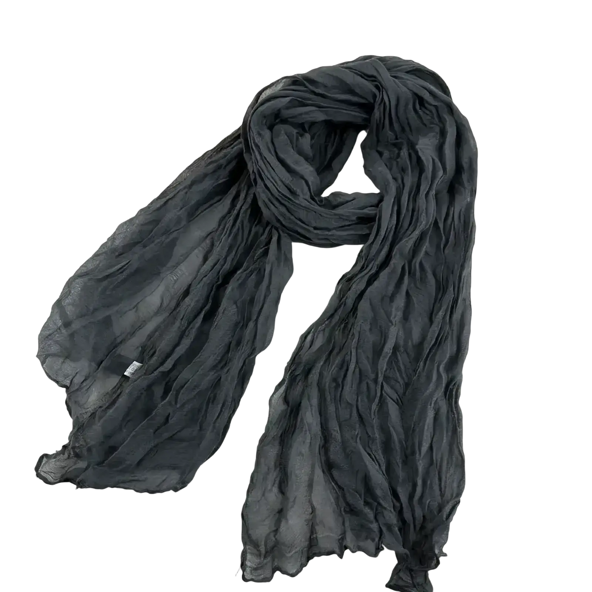 A soft dark gray pleated cotton linen scarf with lightweight flowing fabric for versatile styling