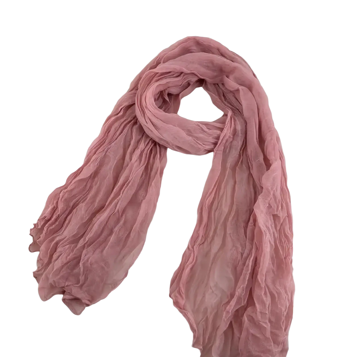A soft dusty pink pleated cotton linen scarf with lightweight flowing texture and gentle ripples