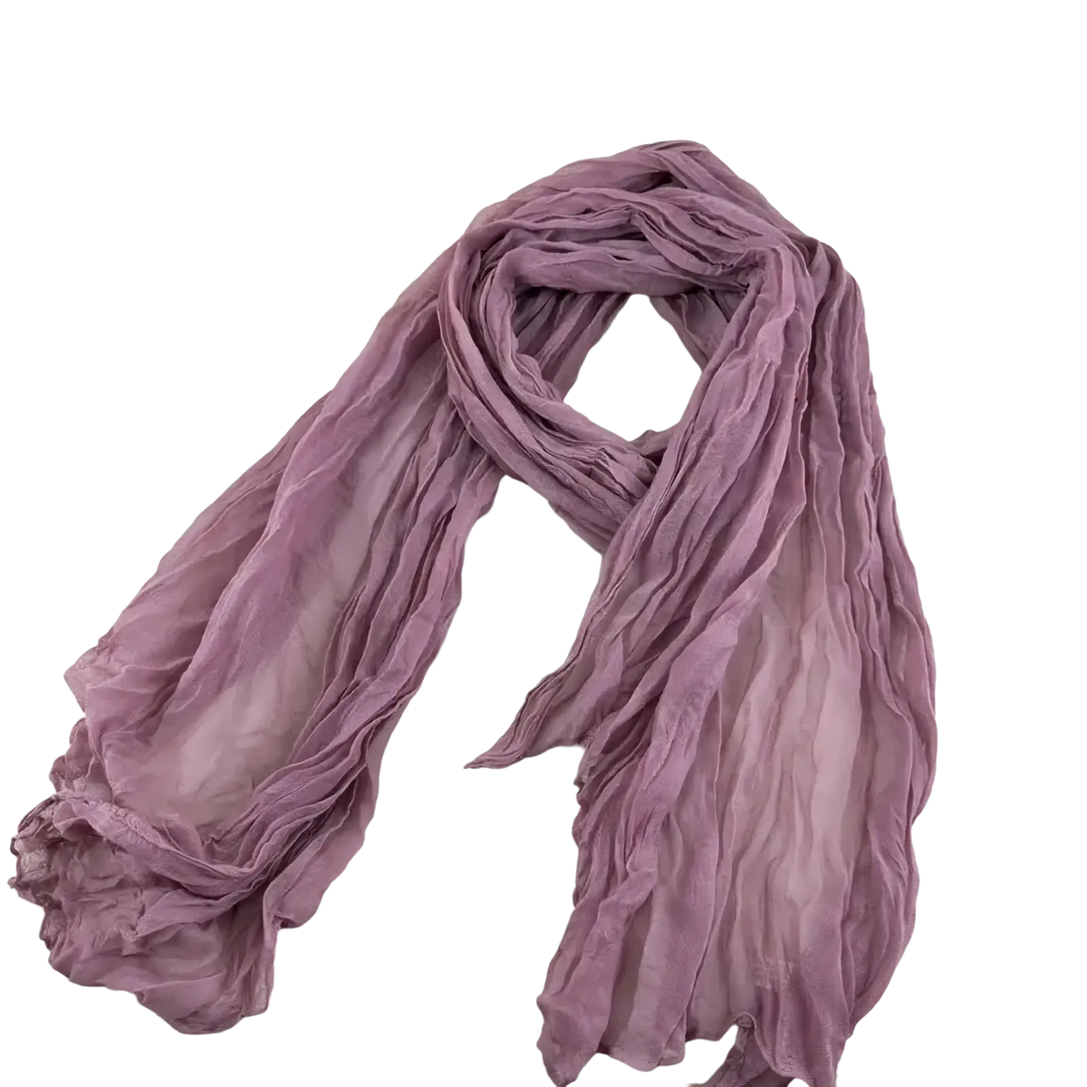 Pleated cotton linen scarf in soft dusty rose chiffon with gentle ruching and flowing drape for elegant wear