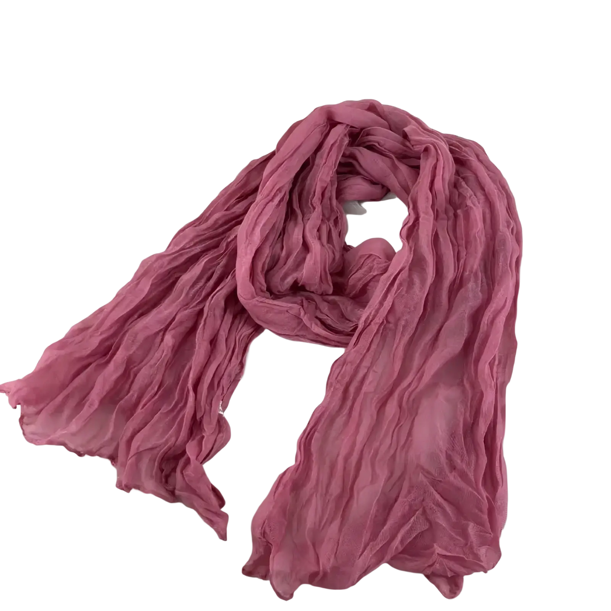 A pleated cotton linen scarf in soft dusty rose with lightweight chiffon texture and gentle ripples
