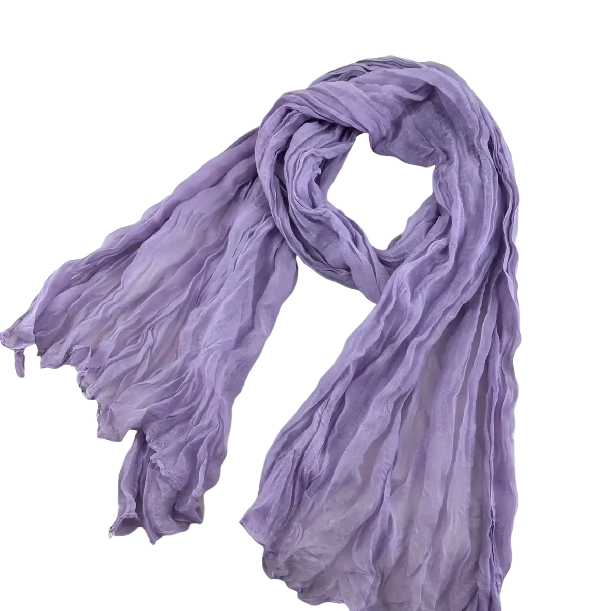 A soft light purple pleated cotton linen scarf with a delicate crinkled chiffon texture