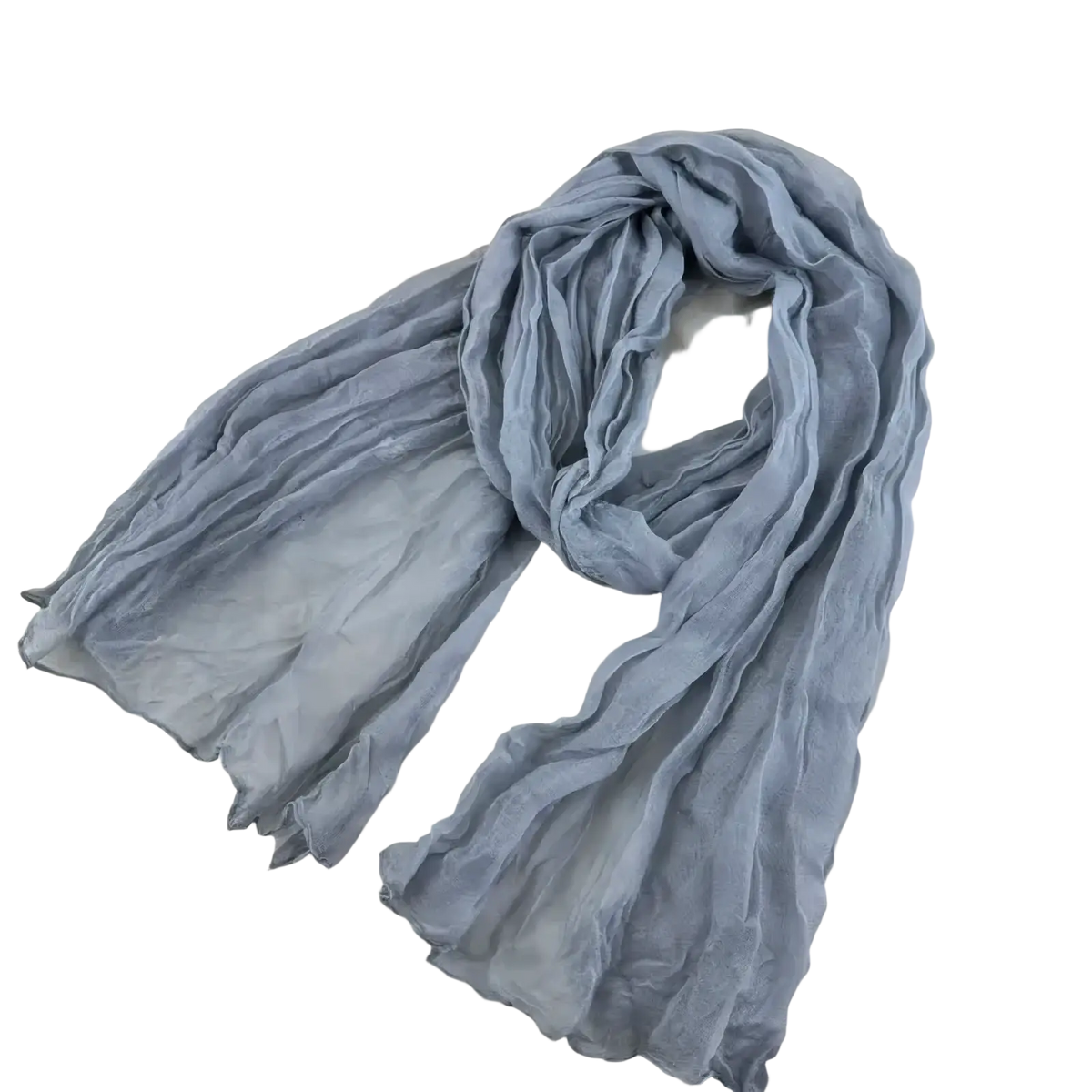Pleated cotton linen scarf in soft lightweight gray with a delicate crinkled texture and frayed edges