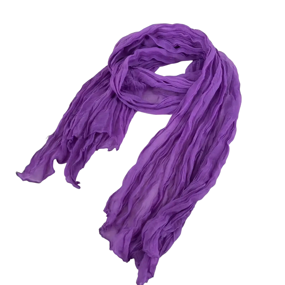 A soft medium-purple pleated cotton linen scarf with gentle ripples and a slightly frayed edge