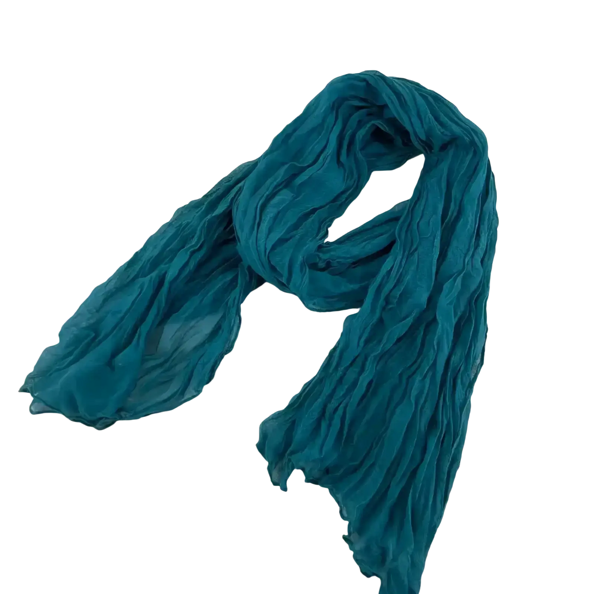 Soft teal pleated cotton linen scarf with lightweight crinkled texture in breathable cotton linen fabric