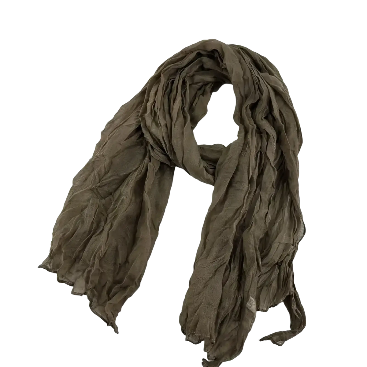 Pleated cotton linen scarf in soft textured olive green with crinkled fabric and frayed edges