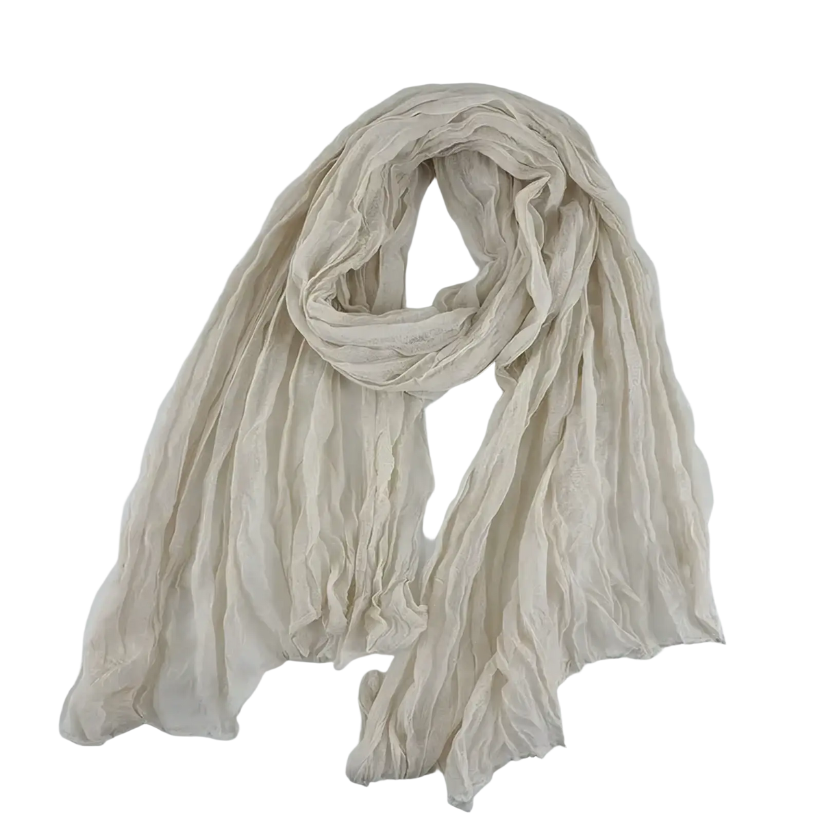 A soft off-white pleated cotton linen scarf with a crinkled chiffon texture and a loose flowing design
