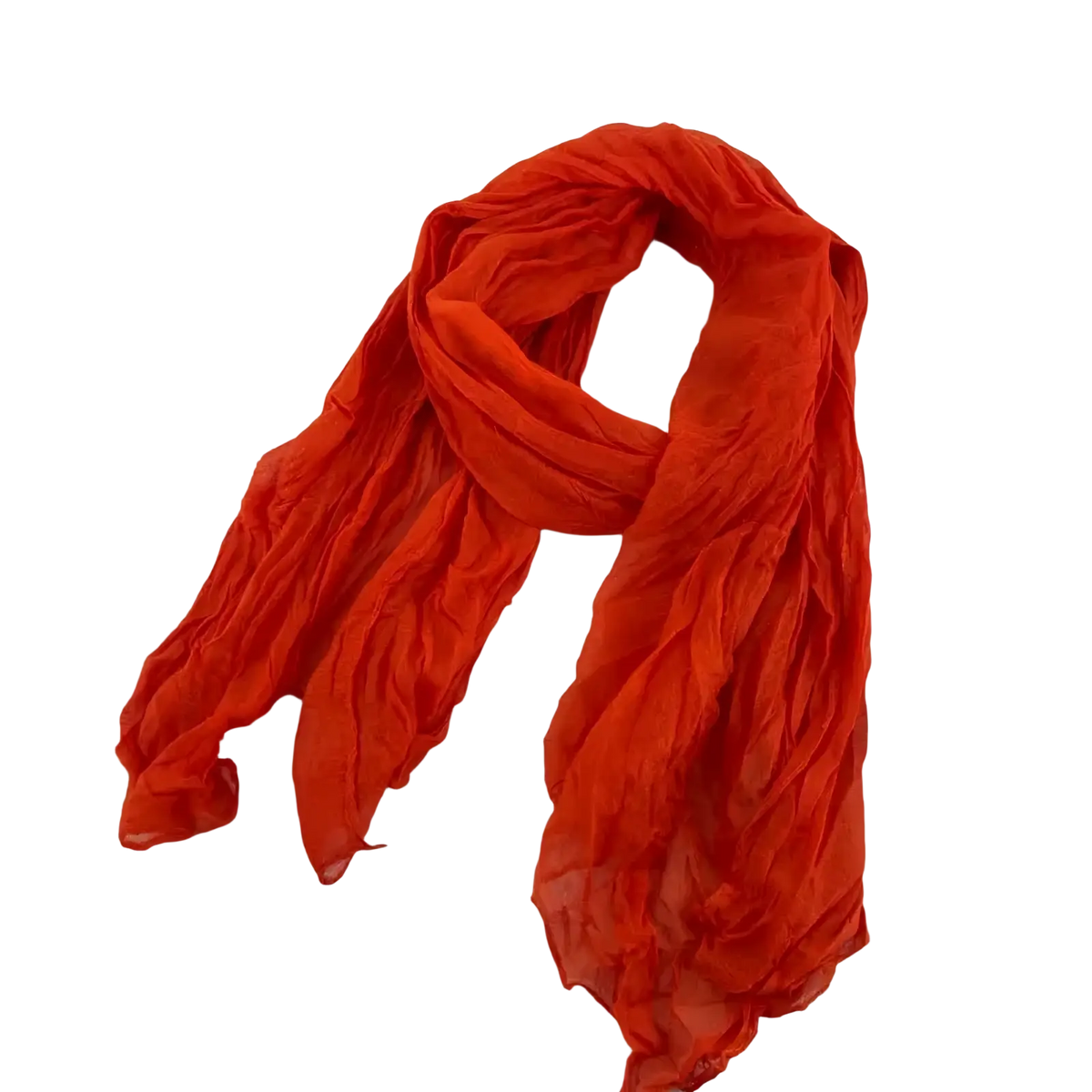A vibrant orange lightweight chiffon pleated cotton linen scarf with a soft flowing drape