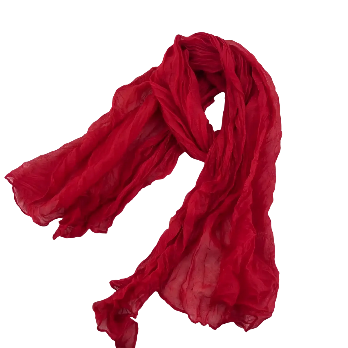 A pleated cotton linen scarf in vibrant red chiffon with soft lightweight texture and gentle flowing ripples