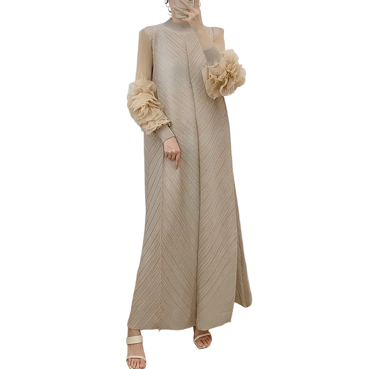 Beige pleated maxi evening dress with sheer long sleeves and voluminous ruffled cuffs for party occasions