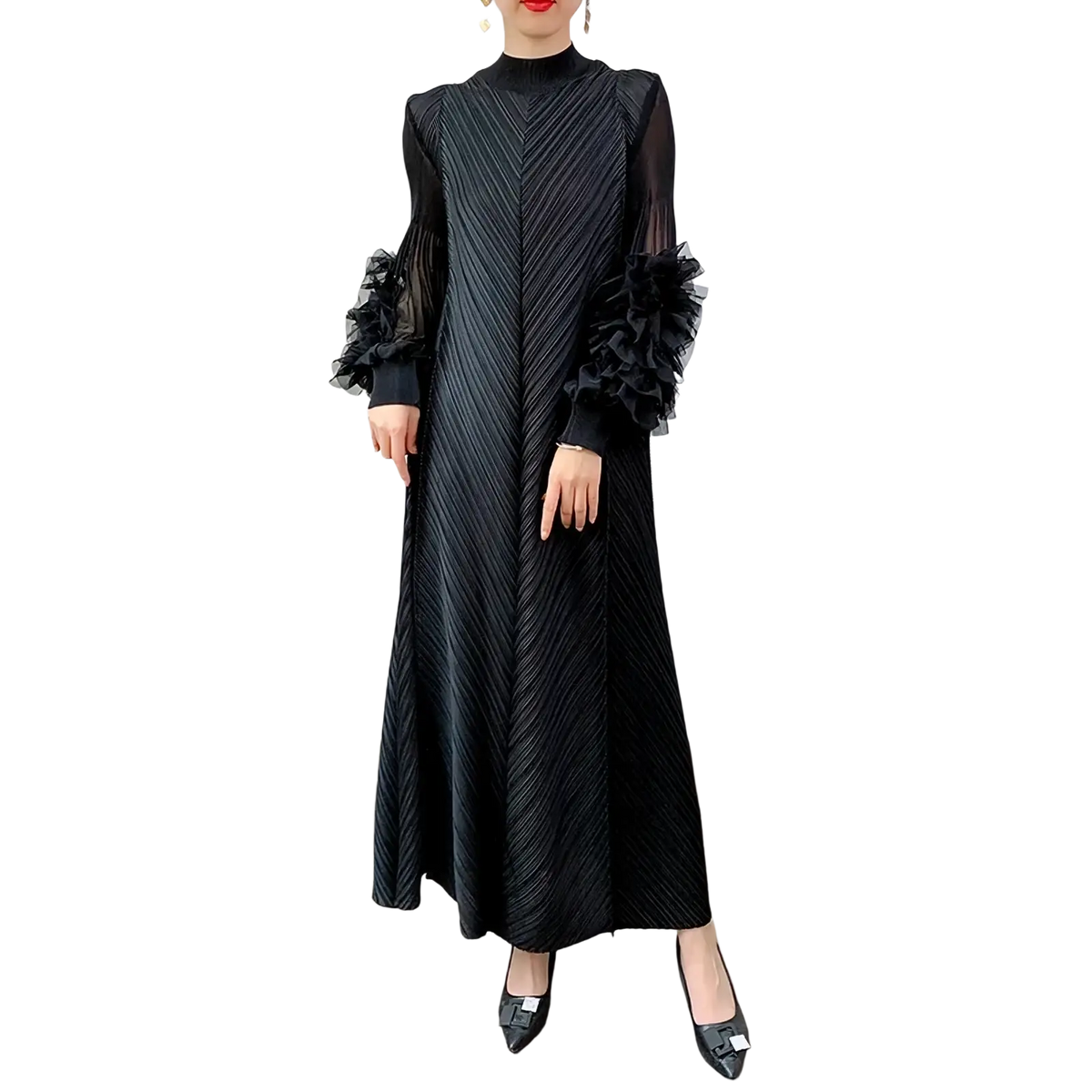 Black pleated midi evening dress with sheer ruffled long sleeves and a high neckline for party occasions
