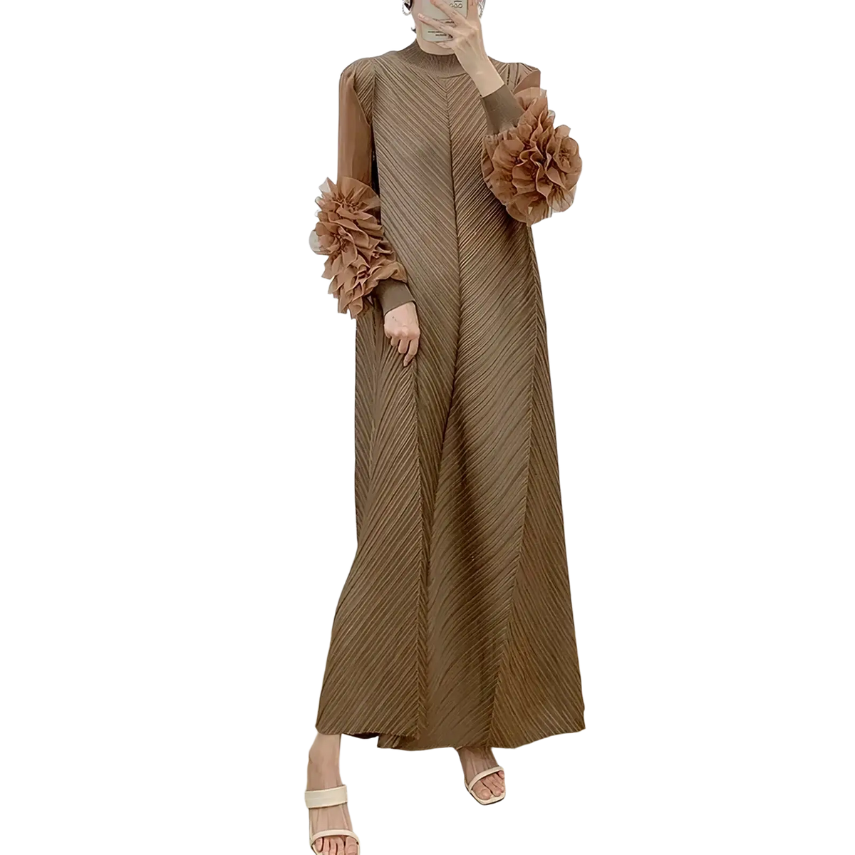 A long brown pleated evening dress with voluminous ruffled sleeves perfect for parties and formal events