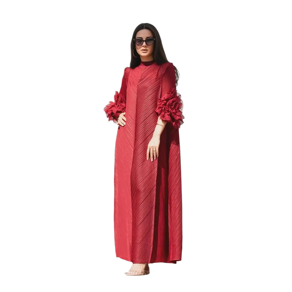 A flowing crimson pleated evening dress with long voluminous ruffled sleeves for party occasions