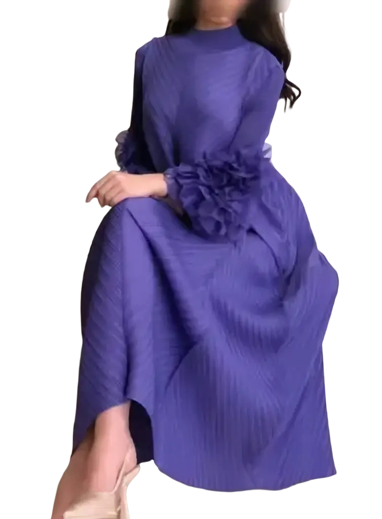 Pleated evening dress long sleeve party gown in deep purple with ruffled cuffs and high neckline made from flowing fabric