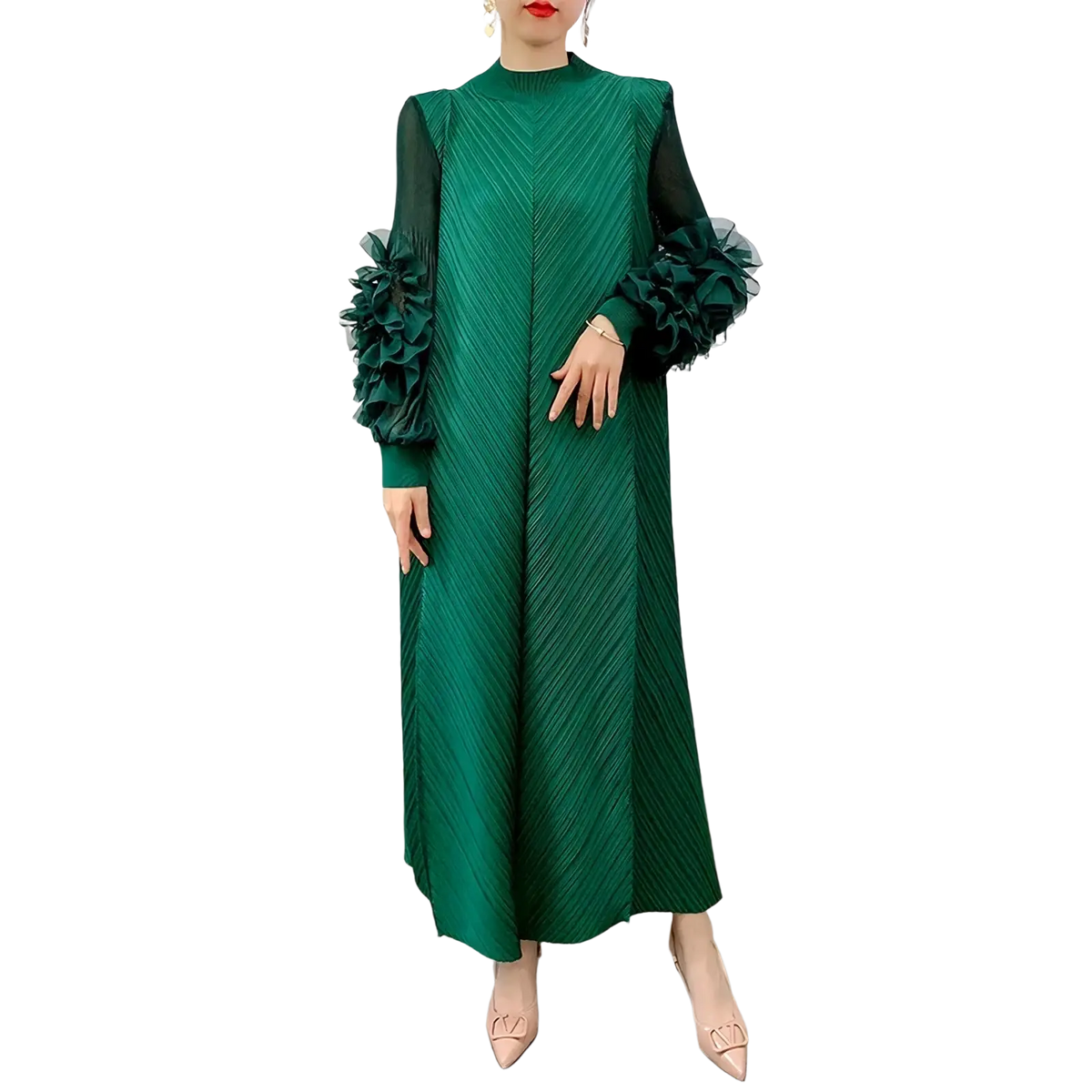 Emerald green pleated evening dress with sheer ruffled long sleeves designed as a maxi party gown