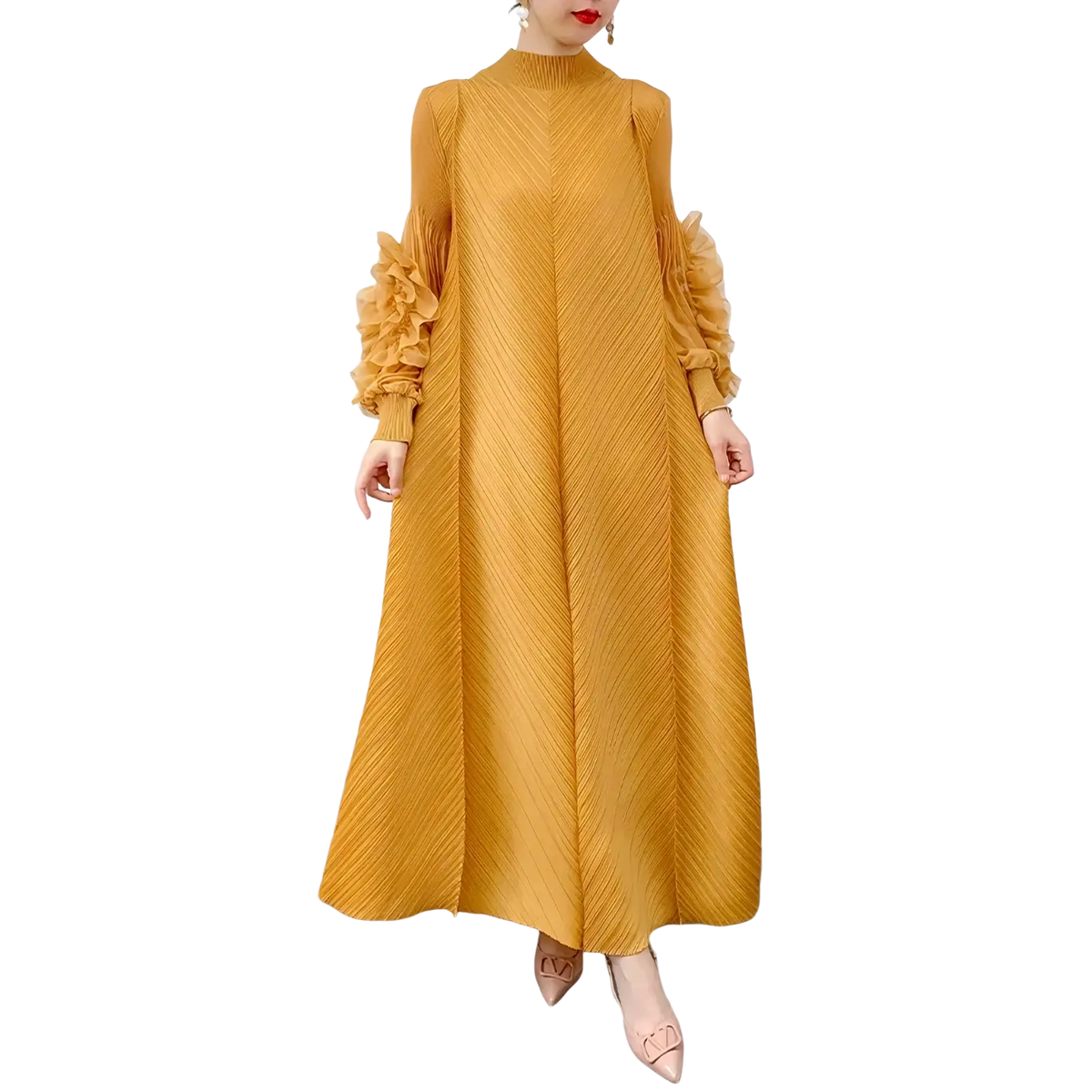 A mustard yellow knit pleated evening dress long sleeve maxi gown with high neckline and ruffled cuffs