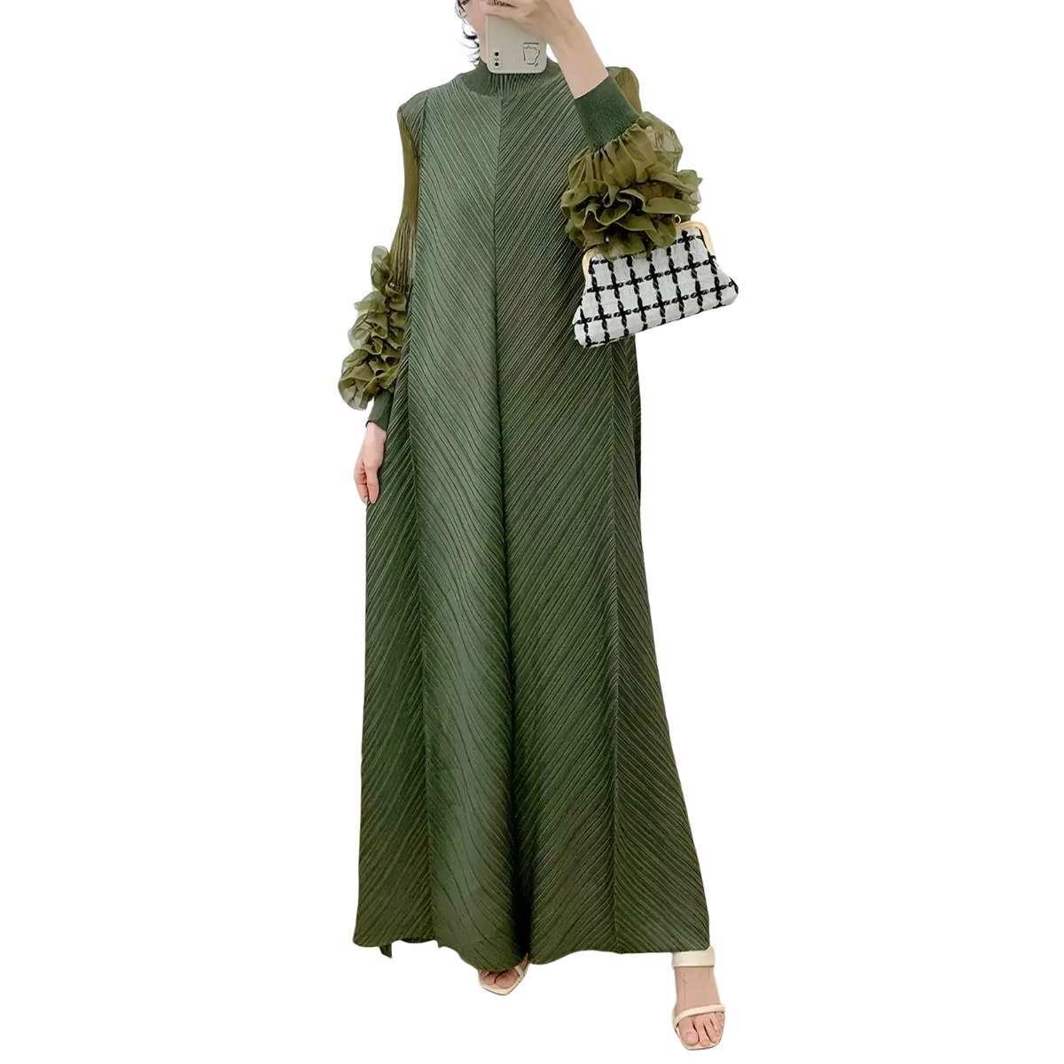 Olive green pleated maxi evening dress with ruffled long sleeves perfect for formal parties and events
