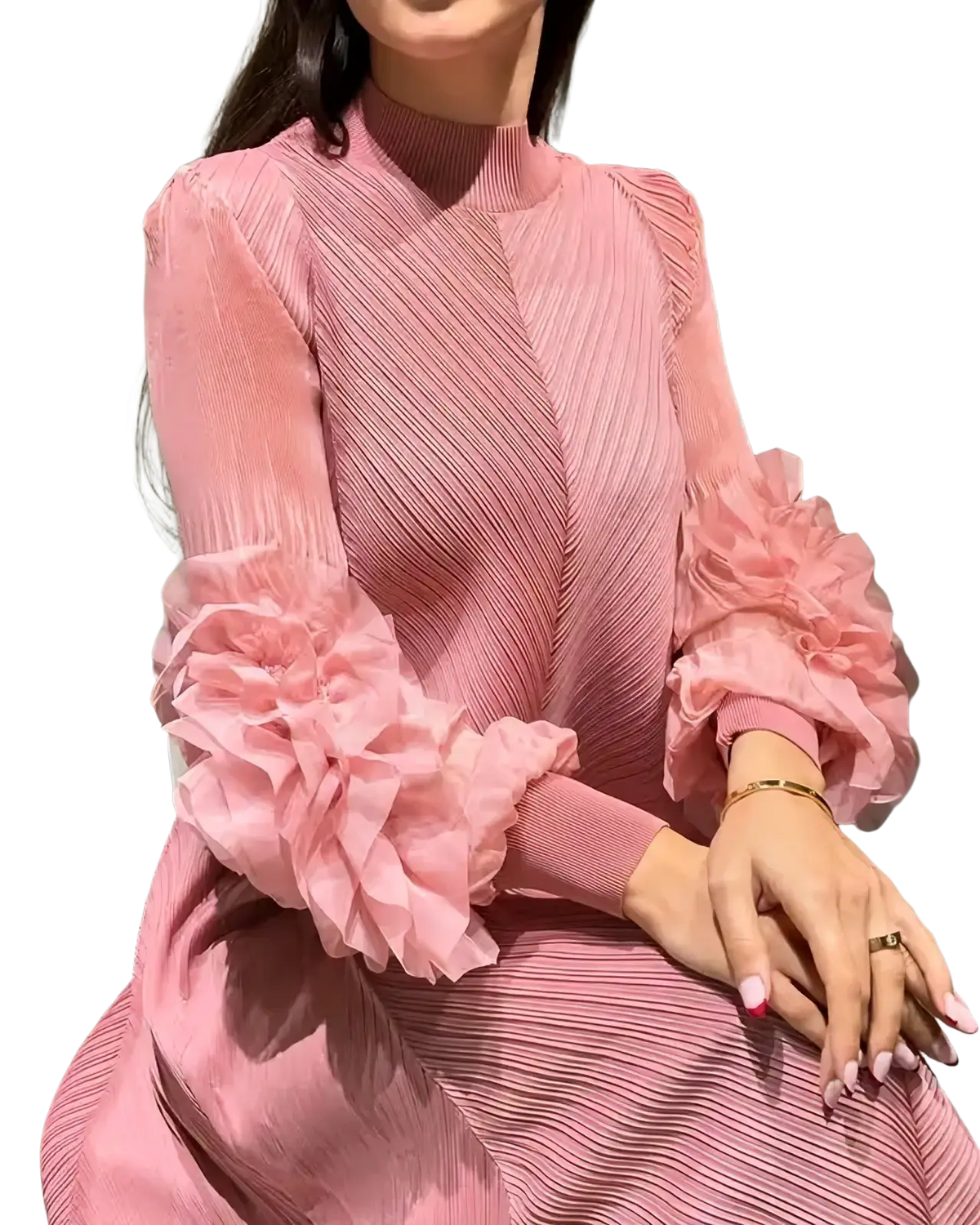 A soft pink pleated evening dress with voluminous ruffled long sleeves perfect for party occasions