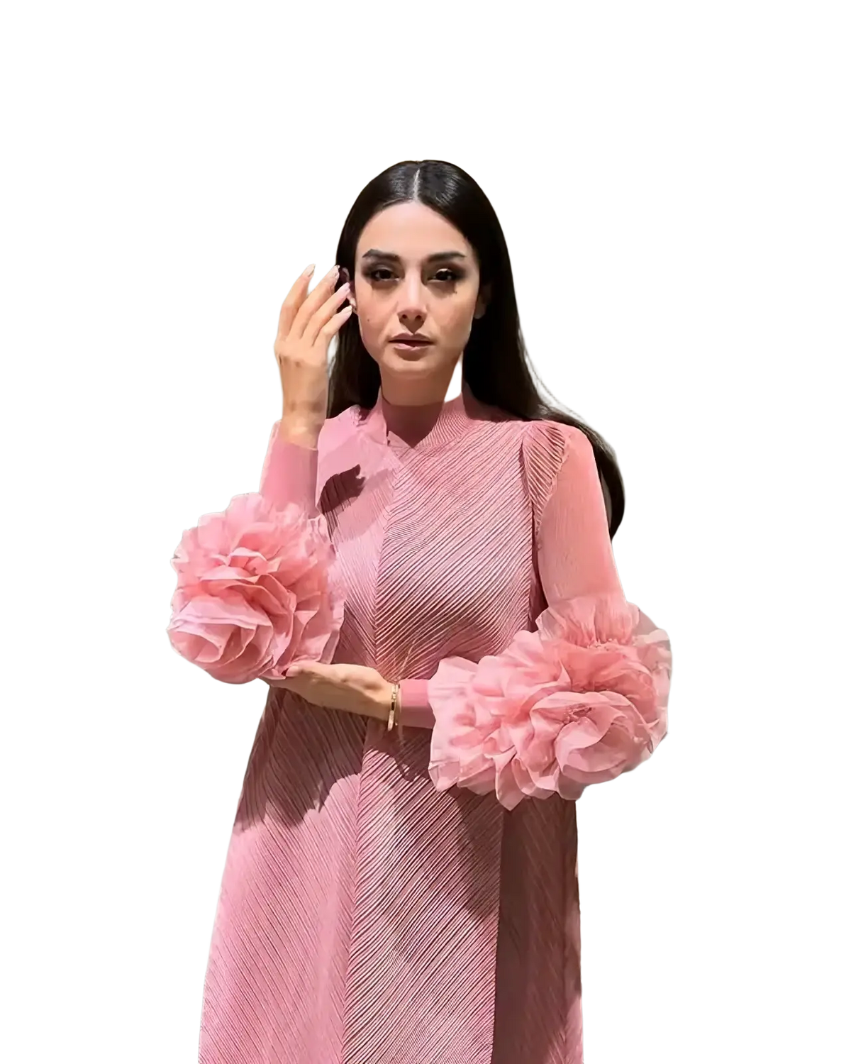 A soft pink pleated evening dress with voluminous ruffled long sleeves for elegant party occasions