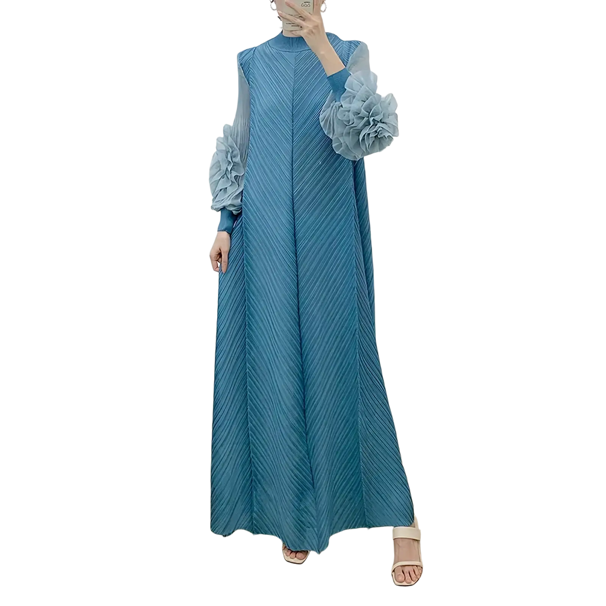 A long teal pleated maxi evening dress with voluminous ruffled sleeves perfect for party occasions