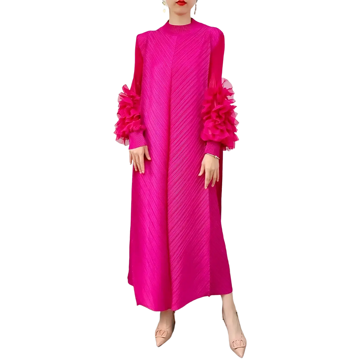 A vibrant fuchsia long-sleeved pleated evening dress with sheer ruffled sleeves for party occasions