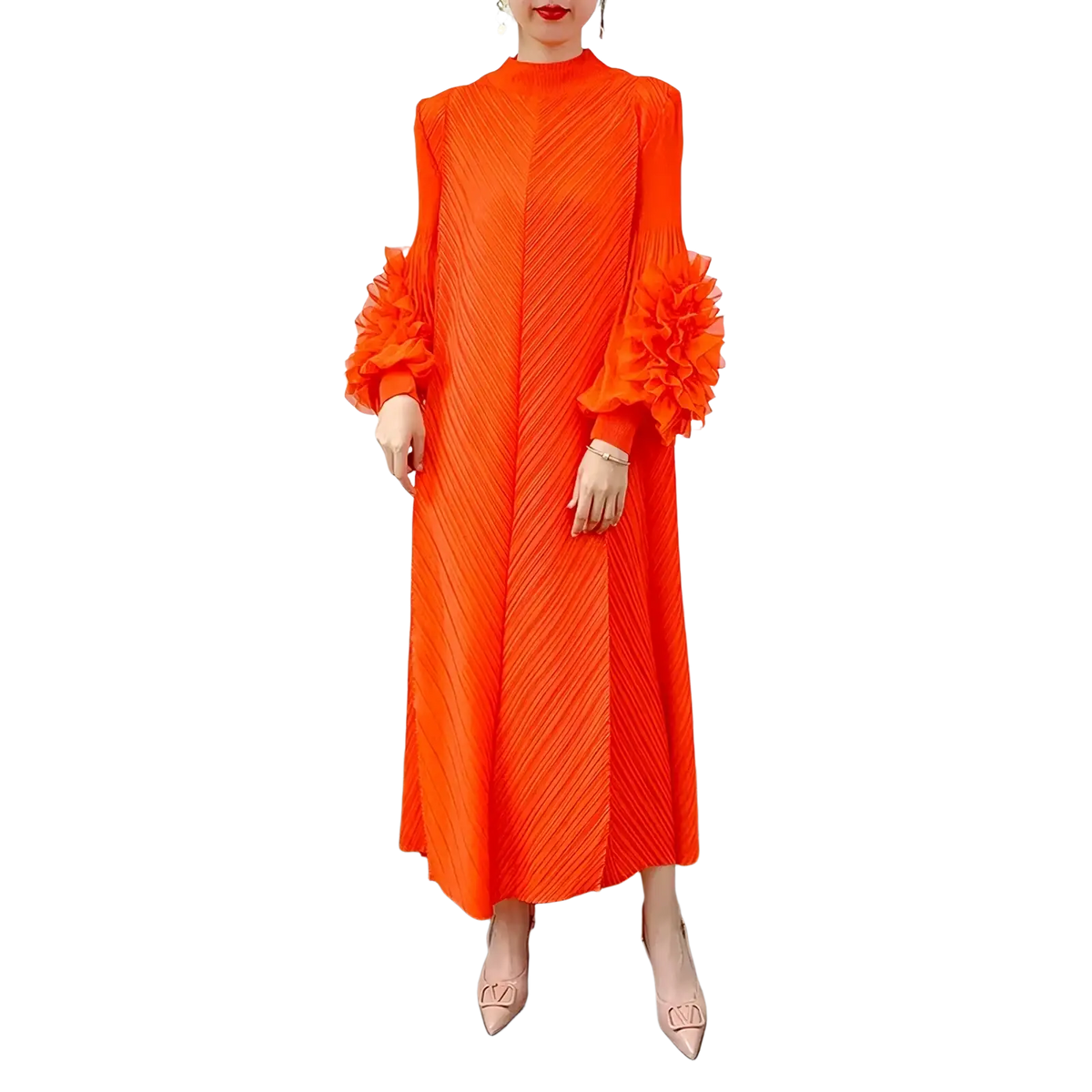 Vibrant orange pleated evening dress with voluminous ruffled sleeves in a maxi long sleeve party gown style
