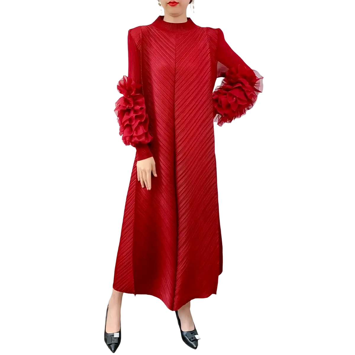 A vibrant red pleated evening dress with long sleeves and voluminous ruffled cuffs for party or formal occasions