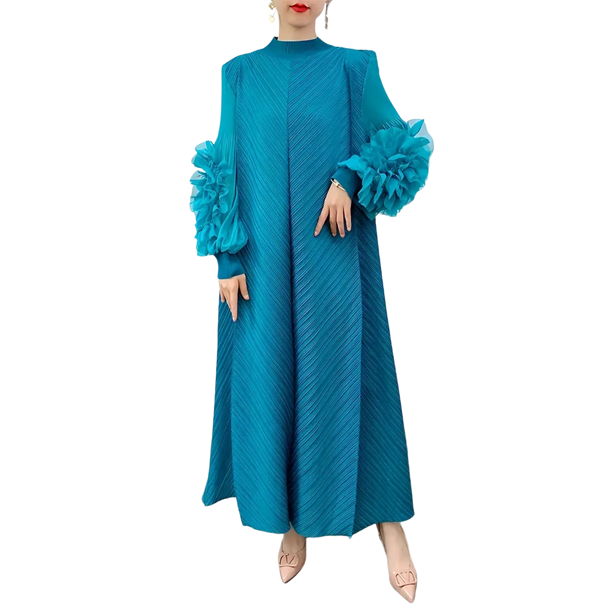 A vibrant teal pleated evening dress with long voluminous ruffled sleeves perfect for formal parties