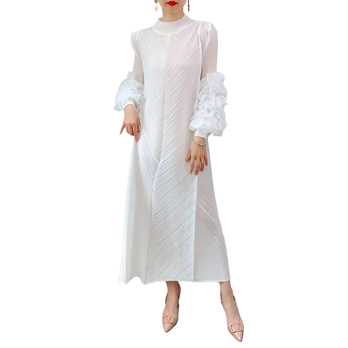 A white pleated evening dress with long sleeves, high neckline, and ruffled cuffs for formal parties