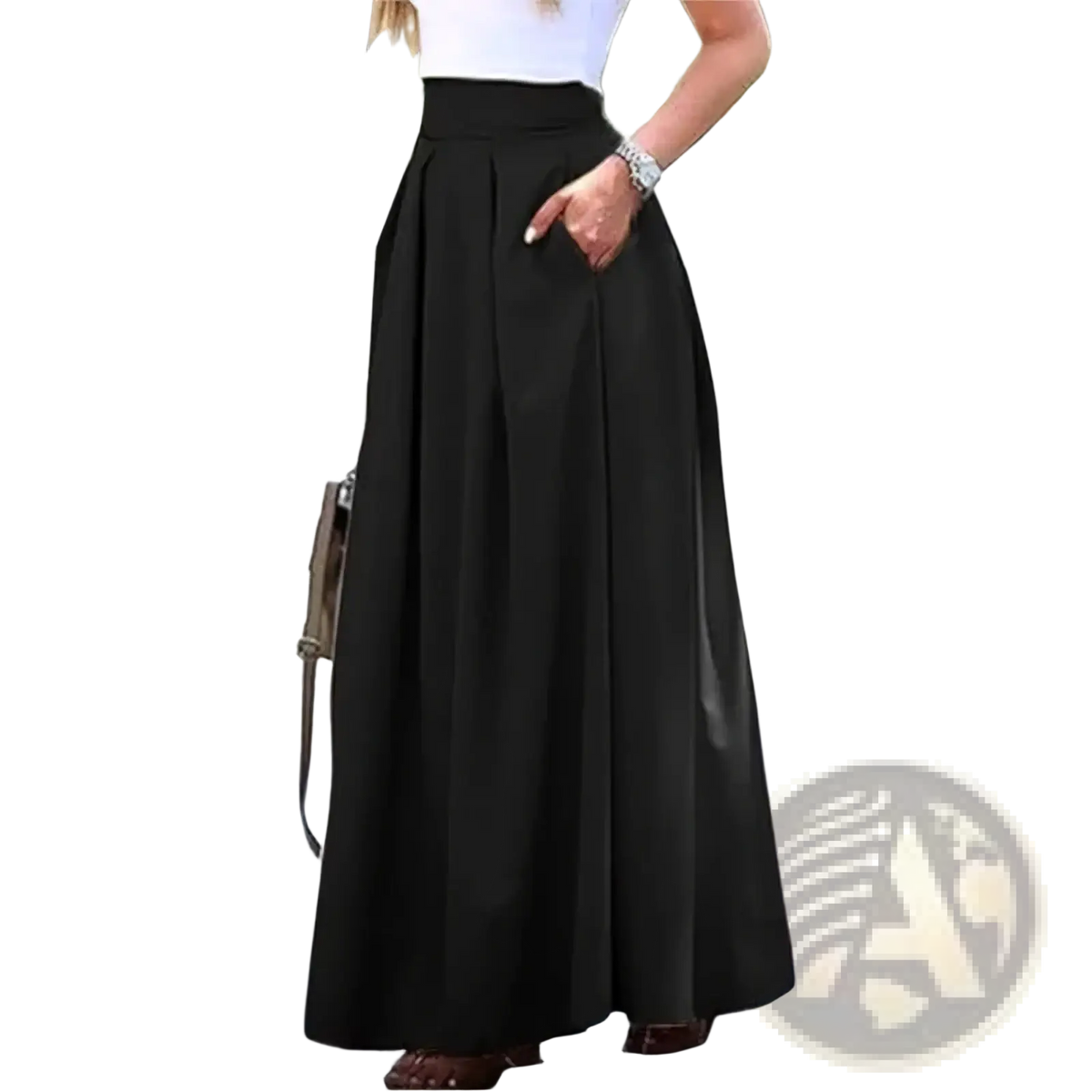 Black high-waisted pleated maxi skirt made of lightweight fabric perfect for elegant casual wear